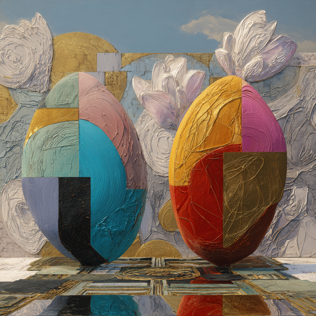 Zwei abstrakte Eierformen in kräftigen Farben vor reliefartigem Hintergrund aus floralen Strukturen. Plastische, moderne Komposition in lebendigen Farbtönen.
