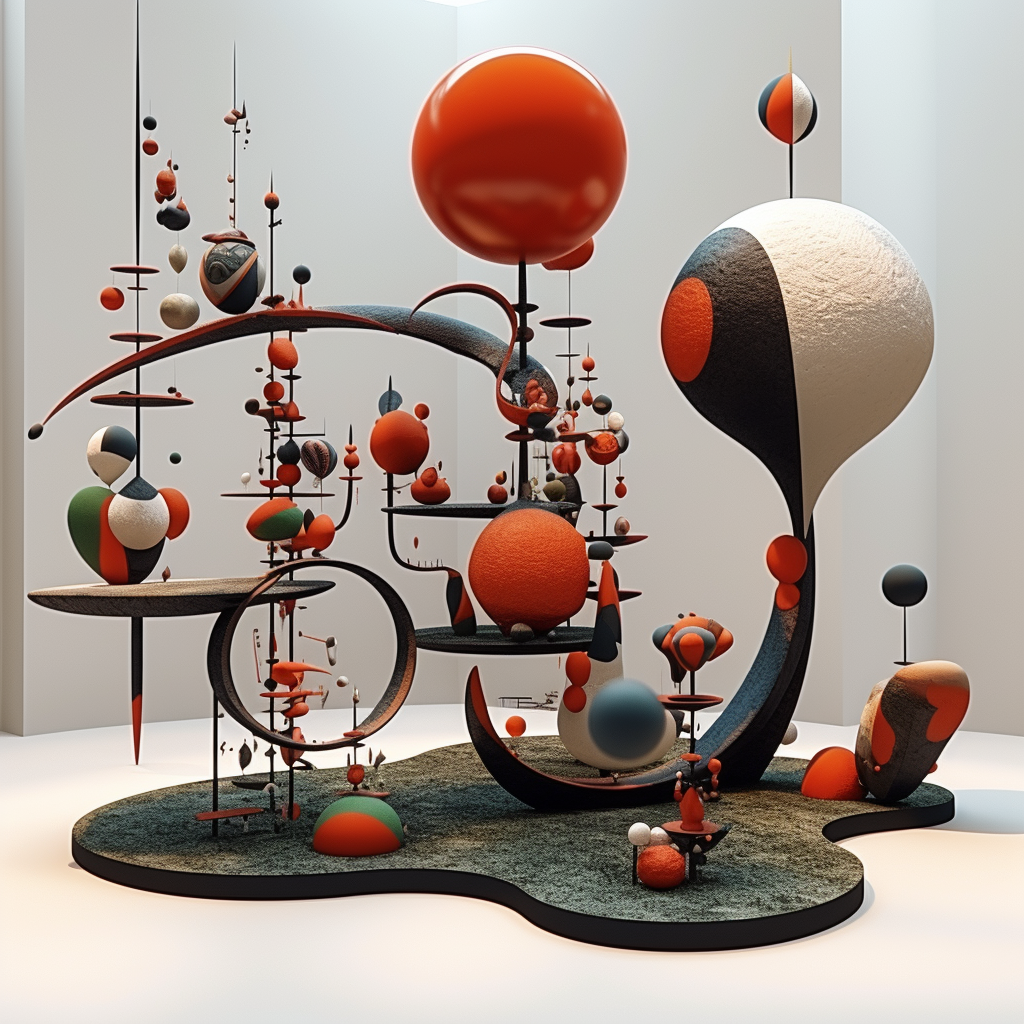 Abstrakte 3D-Skulptur aus farbigen Kugeln und geometrischen Formen in modernem Design
