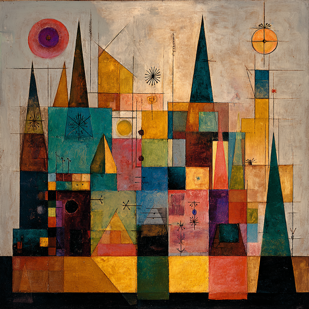 Abstrakte Stadt aus geometrischen Formen und kräftigen Farben, inspiriert von Bauhaus und Klee, mit lebendigen Linien und harmonischen Farbflächen.
