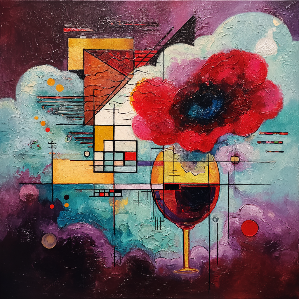 Abstraktes Werk mit Weinglas, roter Farbwolke und geometrischen Elementen in kräftigen Türkis-, Gelb- und Lilatönen.
