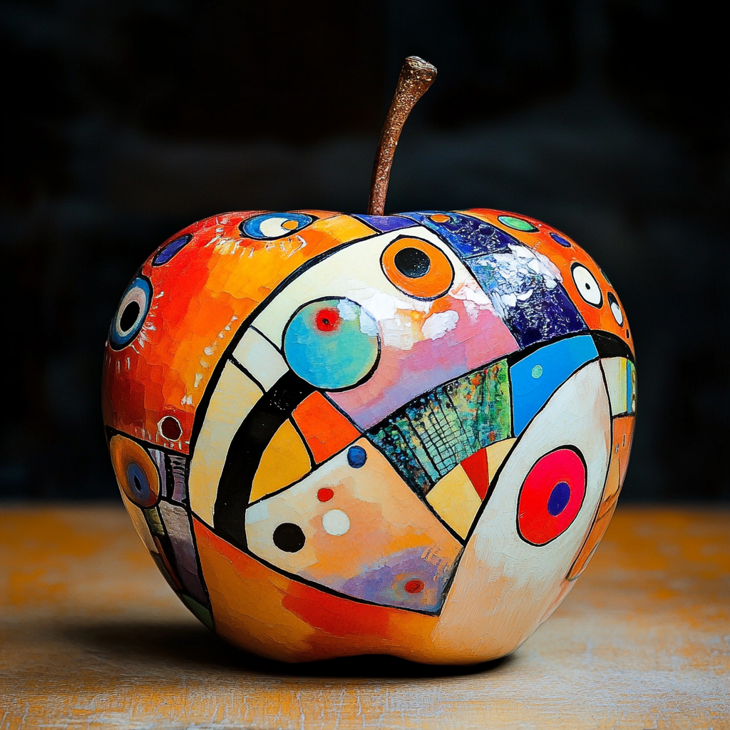 Künstlerisch bemalter Apfel mit geometrischen Formen und kräftigen Farben im Stil von Wassily Kandinsky auf dunklem Hintergrund
