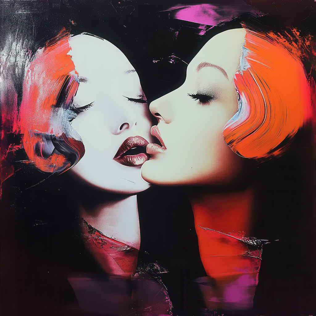 Abstraktes Doppelporträt zweier stilisierter Frauen in kräftigen Farben.
