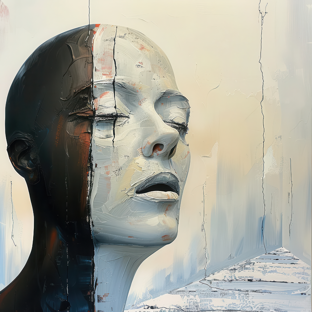 Abstraktes Porträt mit gespaltenem Gesicht und rissigen Farbschichten.
