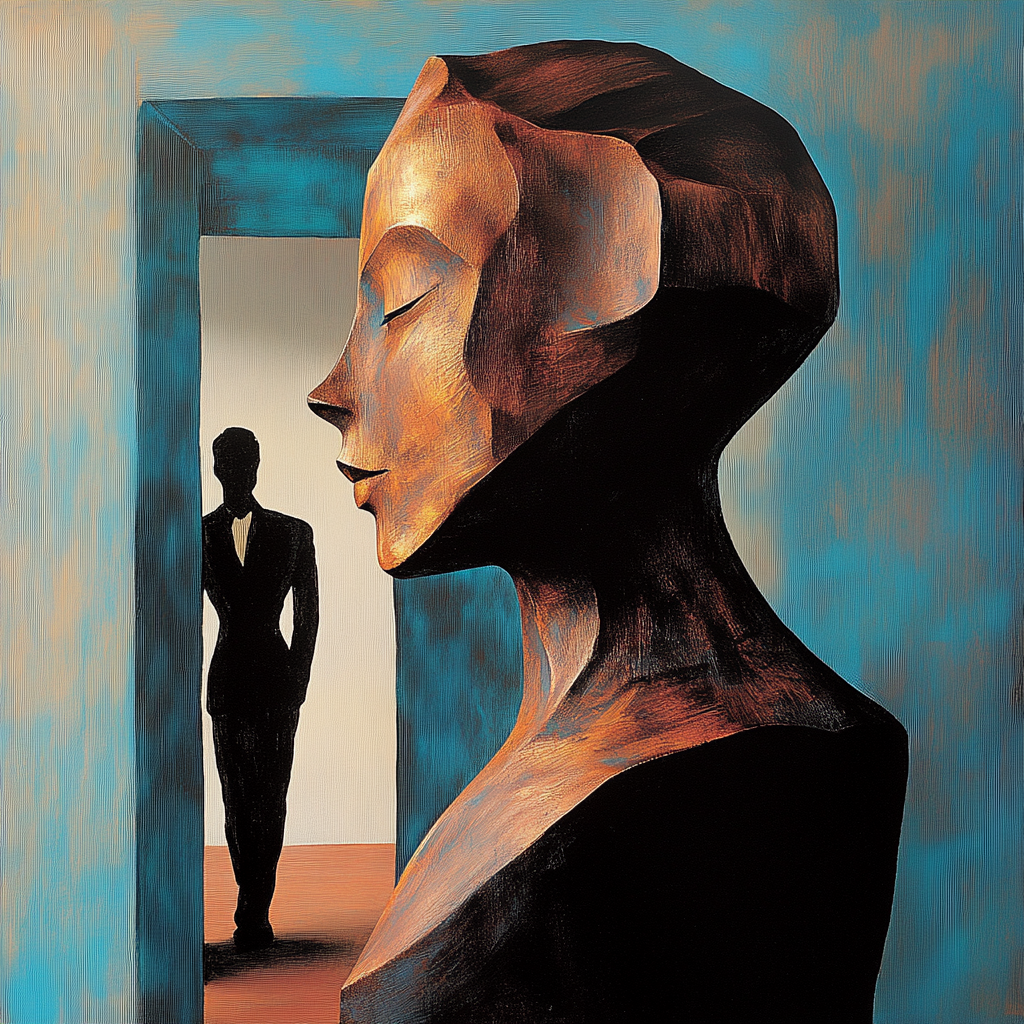 Abstraktes Porträt einer Frau im Profil mit männlicher Silhouette im Hintergrund in blauen und goldenen Tönen
