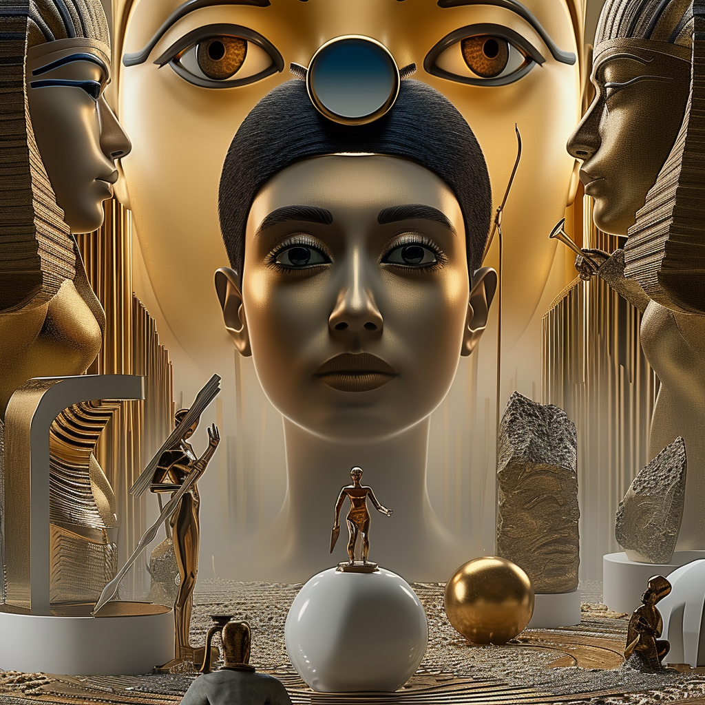 Surreale, goldene Komposition mit ägyptischen Elementen – eine zentrale Frauenfigur umgeben von Statuen, Symbolen und monumentalen Gesichtern in mystischer Atmosphäre.
