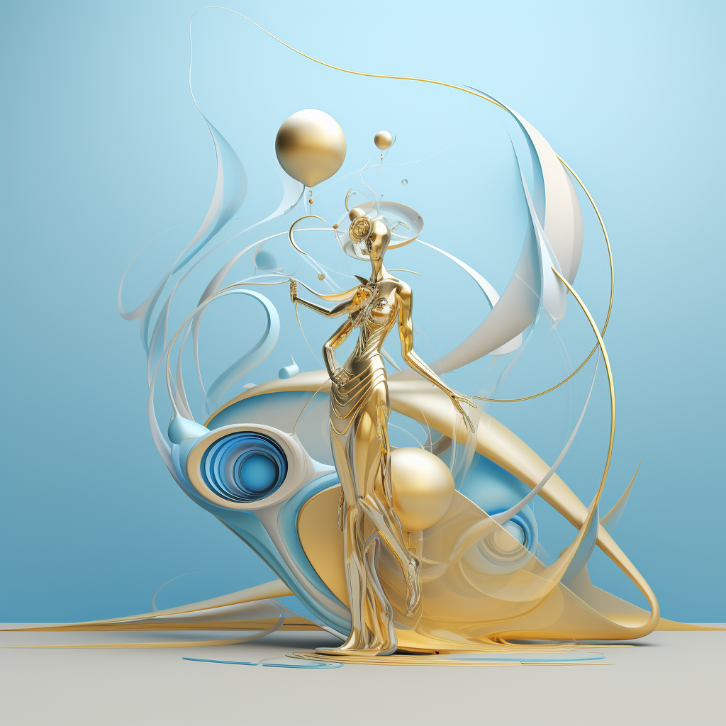 Goldene, schwebende Figur in futuristisch-organischer Umgebung aus fließenden Formen, Kugeln und Linien – Symbol für Eleganz, Transzendenz und göttliche Harmonie.
