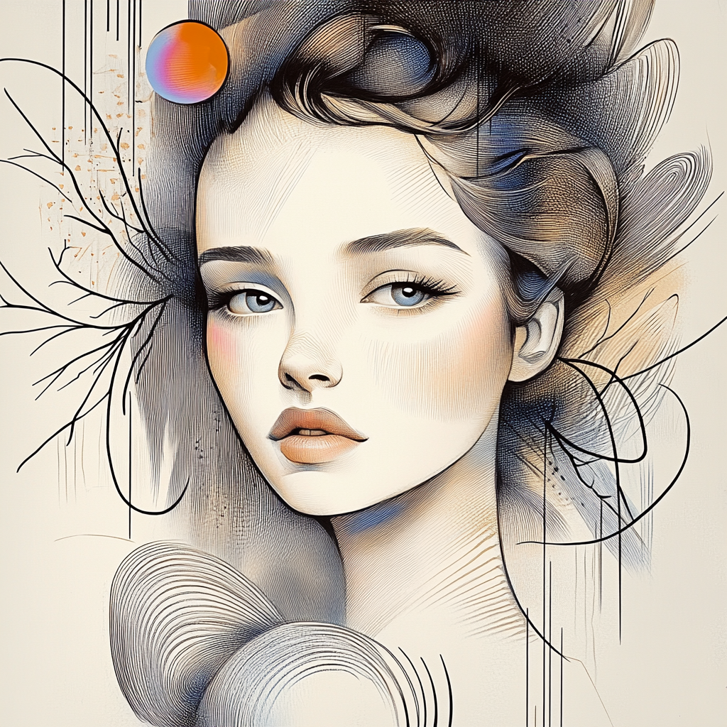 Ein stilisiertes Porträt einer Frau mit weichen Gesichtszügen, umgeben von abstrakten Linien, organischen Formen und einem schwebenden Kreis in warmen Farbtönen. Das Bild verbindet Realismus und Abstraktion auf elegante Weise.
