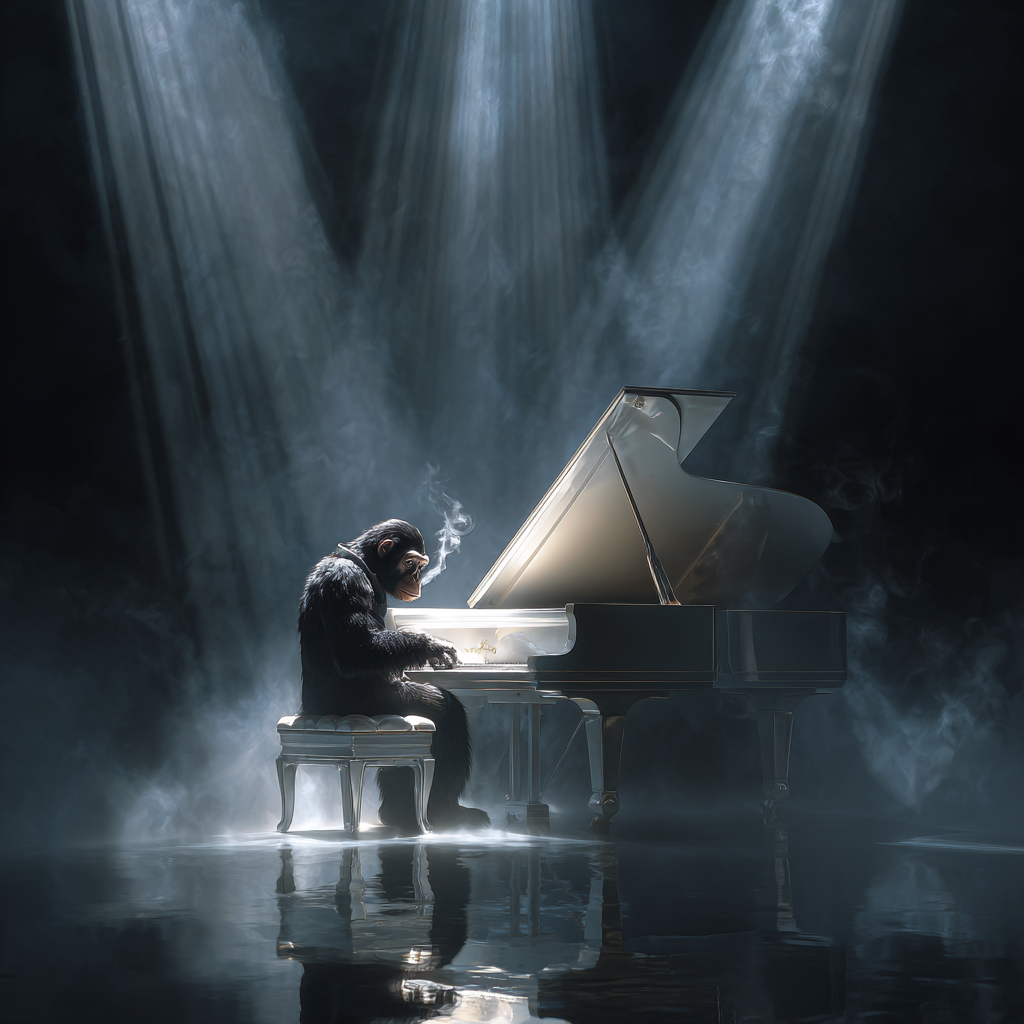 Affenpianist am hellen Konzertflügel in nebliger, dramatischer Lichtszene mit starken Schatten und atmosphärischem Bühnenlicht.
