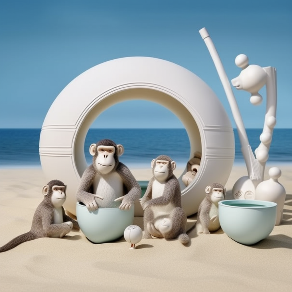 Verspielte Affenfiguren am Strand mit modernen geometrischen Objekten
