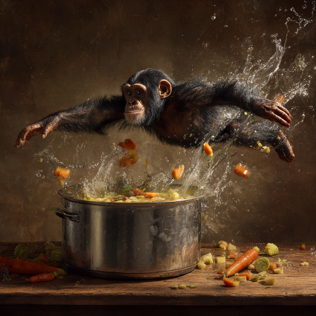 Ein Affe springt akrobatisch über einen Kochtopf voller Gemüse, während Wasser
und Zutaten durch die Luft spritzen – humorvolle, dynamische Kunstszene.
