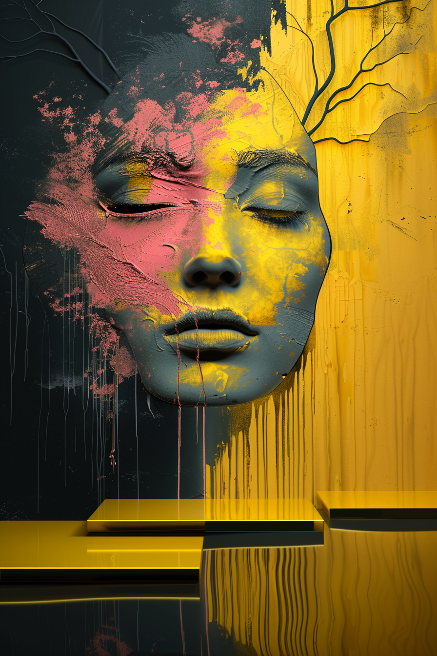 Abstraktes Porträt eines Gesichts in kräftigen Gelb- und Rosatönen auf dunklem Hintergrund. Die Oberfläche wirkt wie Risse aus Farbe und Struktur, aus denen Linien wie Nerven oder Äste wachsen – ein Zusammenspiel aus Zerfall und Erneuerung.
