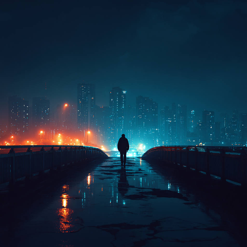 Person läuft nachts über eine Brücke, umgeben von Pfützen und einer 
leuchtenden, blau-orangenen Skyline. Stimmungsvolle urbane Nachtlandschaft.
