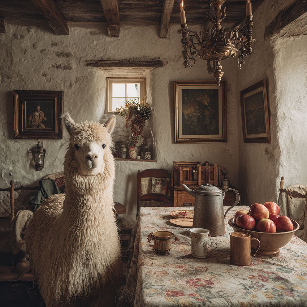 Ein Alpaka steht in einem rustikalen Bauernhaus neben einem Frühstückstisch mit Äpfeln, Tassen und einer Kaffeekanne.
