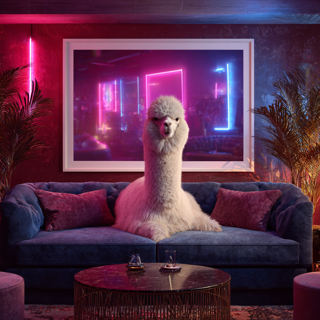 Ein weißes Alpaka sitzt auf einem blauen Samtsofa in einem stilvollen Wohnzimmer mit neonpink-blauer Beleuchtung und modernem Wandbild im Hintergrund.
