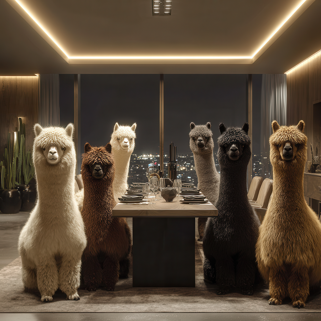 Sieben Alpakas sitzen an einem festlich gedeckten Tisch in einer modernen, warm beleuchteten Abendszene mit Blick über die Stadt.
