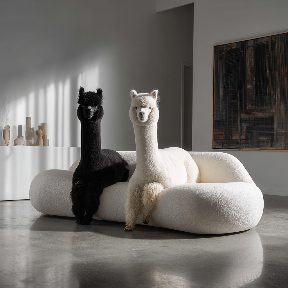 Zwei Alpakas, eines schwarz und eines weiß, sitzen nebeneinander auf einem modernen weißen Designersofa in einem minimalistischen Wohnzimmer.
