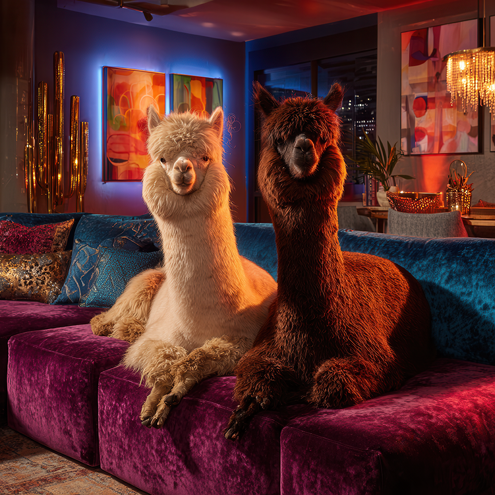Zwei Alpakas, eines hell und eines dunkelbraun, sitzen entspannt auf einem violetten Samtsofa in einem farbenfrohen, modern beleuchteten Wohnzimmer.
