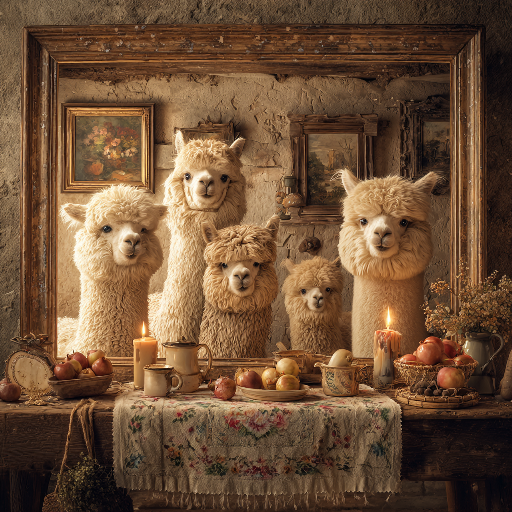 Fünf Alpakas stehen hinter einem alten, hölzernen Bilderrahmen in einem rustikalen Raum voller Kerzen, Äpfel und nostalgischer Dekoration.
