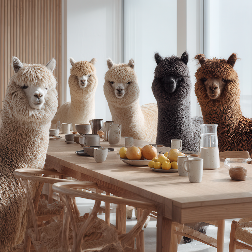 Fünf flauschige Alpakas sitzen um einen gedeckten Tisch in einem rustikalen Landhaus. Warmes Licht fällt durch ein Fenster, der Raum wirkt gemütlich und vintage.
