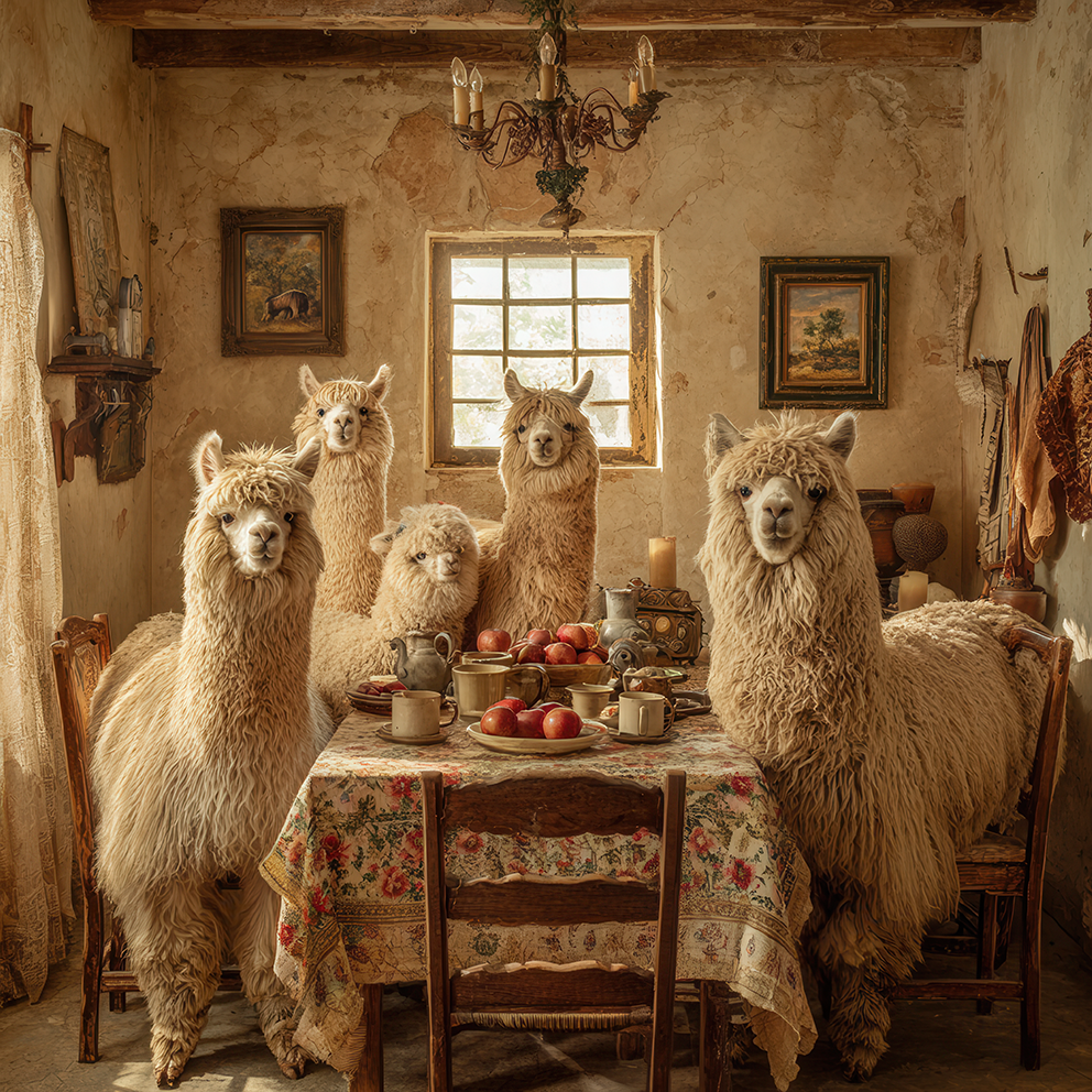 Fünf flauschige Alpakas sitzen um einen gedeckten Tisch in einem rustikalen Landhaus. Warmes Licht fällt durch ein Fenster, der Raum wirkt gemütlich und vintage.
