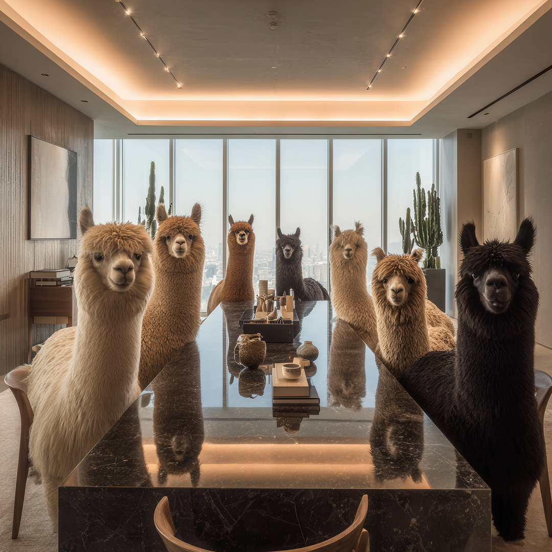 Acht Alpakas sitzen an einem edlen Marmortisch in einem modernen Penthouse 
mit Stadtblick – humorvoll und fotorealistisch dargestellt.
