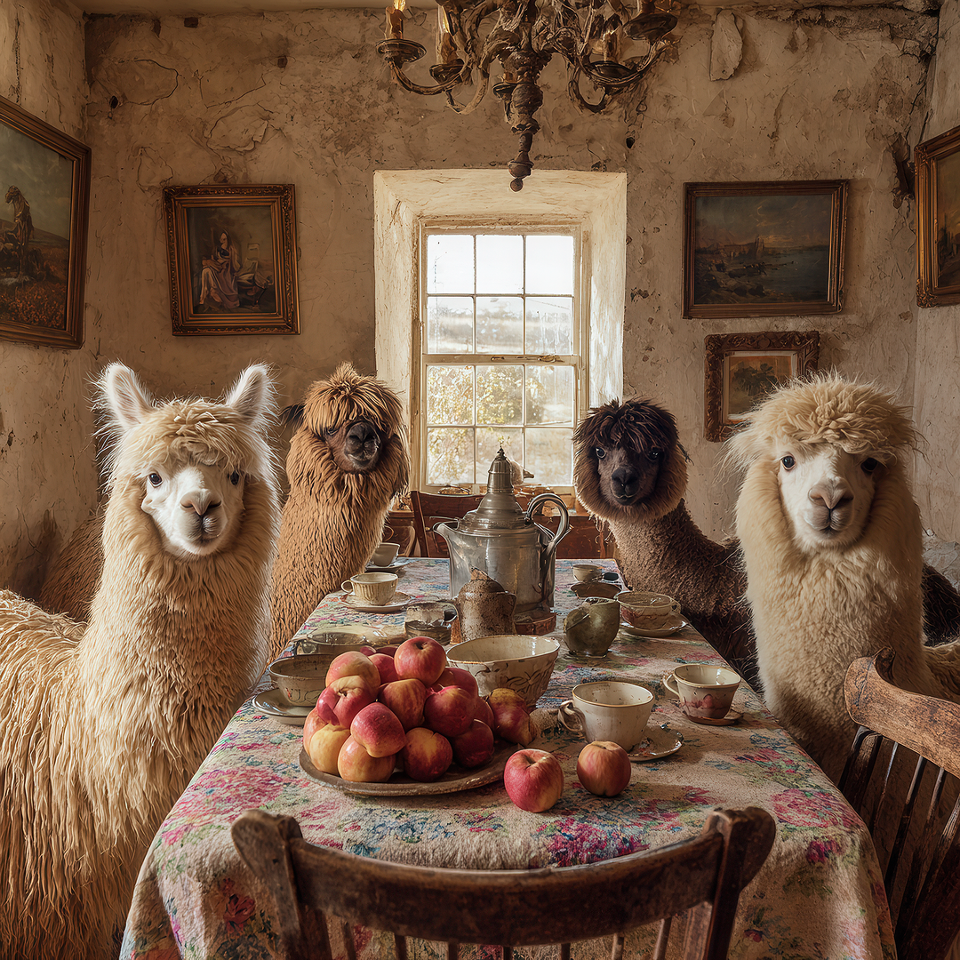 Vier Alpakas sitzen an einem rustikalen Tisch in einem alten Landhaus, umgeben von Obst, Tassen und nostalgischem Interieur im warmen Licht.
