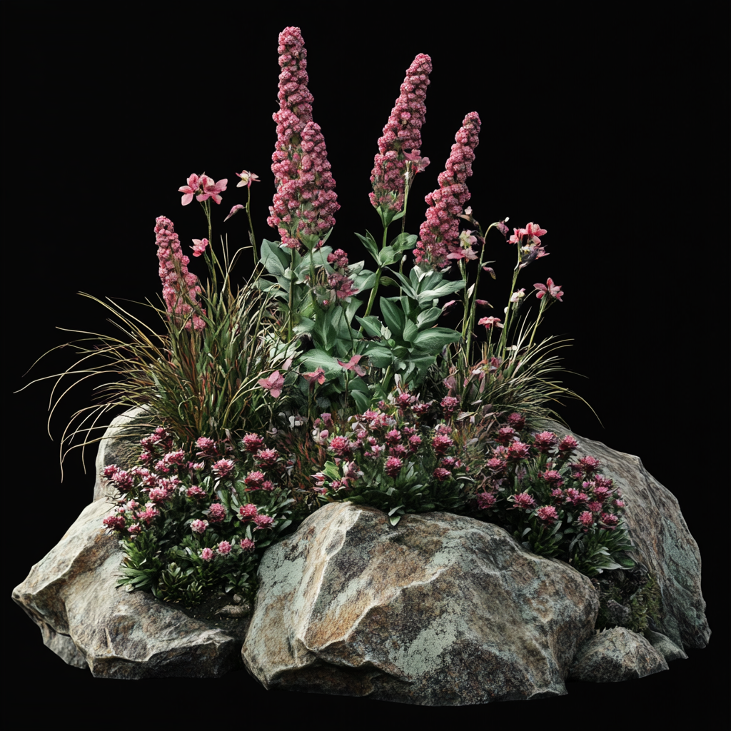 Zarte Alpenblumen in Rosa blühen auf einem Felsen vor schwarzem Hintergrund
