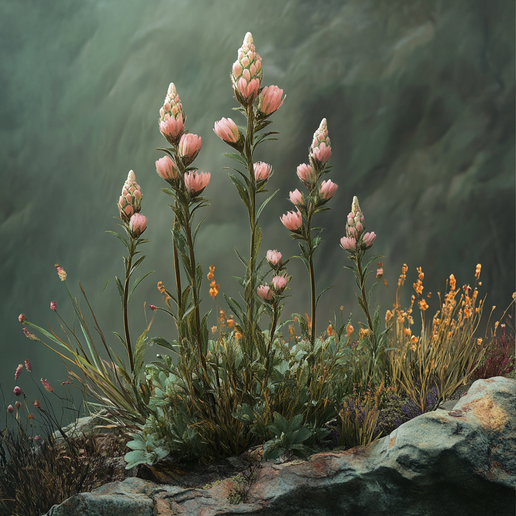 Zarte rosa Alpenblumen auf einem Felsen vor neblig-grünem Hintergrund
