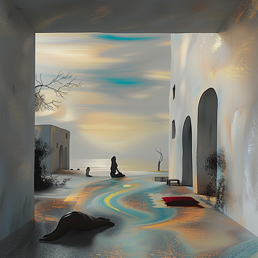 Ein stilles, surrealistisches Küstenmotiv zeigt zwei Figuren am Meer bei Sonnenuntergang, umgeben von weißen Gebäuden und weichen, fließenden Farben aus Gold, Blau und Grau.
