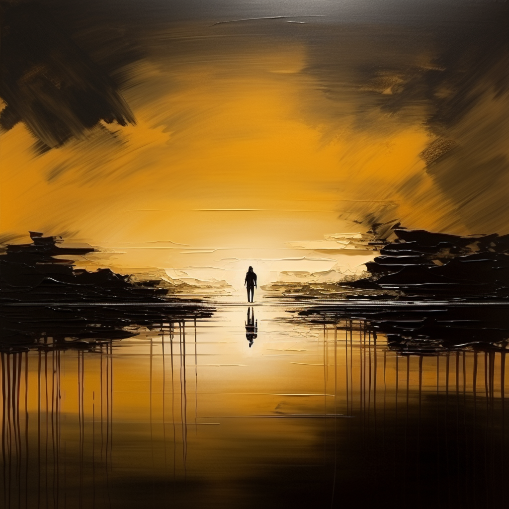 Silhouette einer Person in goldener Lichtlandschaft – minimalistische Komposition zwischen Dunkelheit und Horizont.
