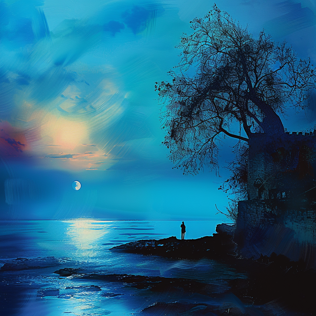 person am meer bei vollmond neben baum und ruine in blauem licht
