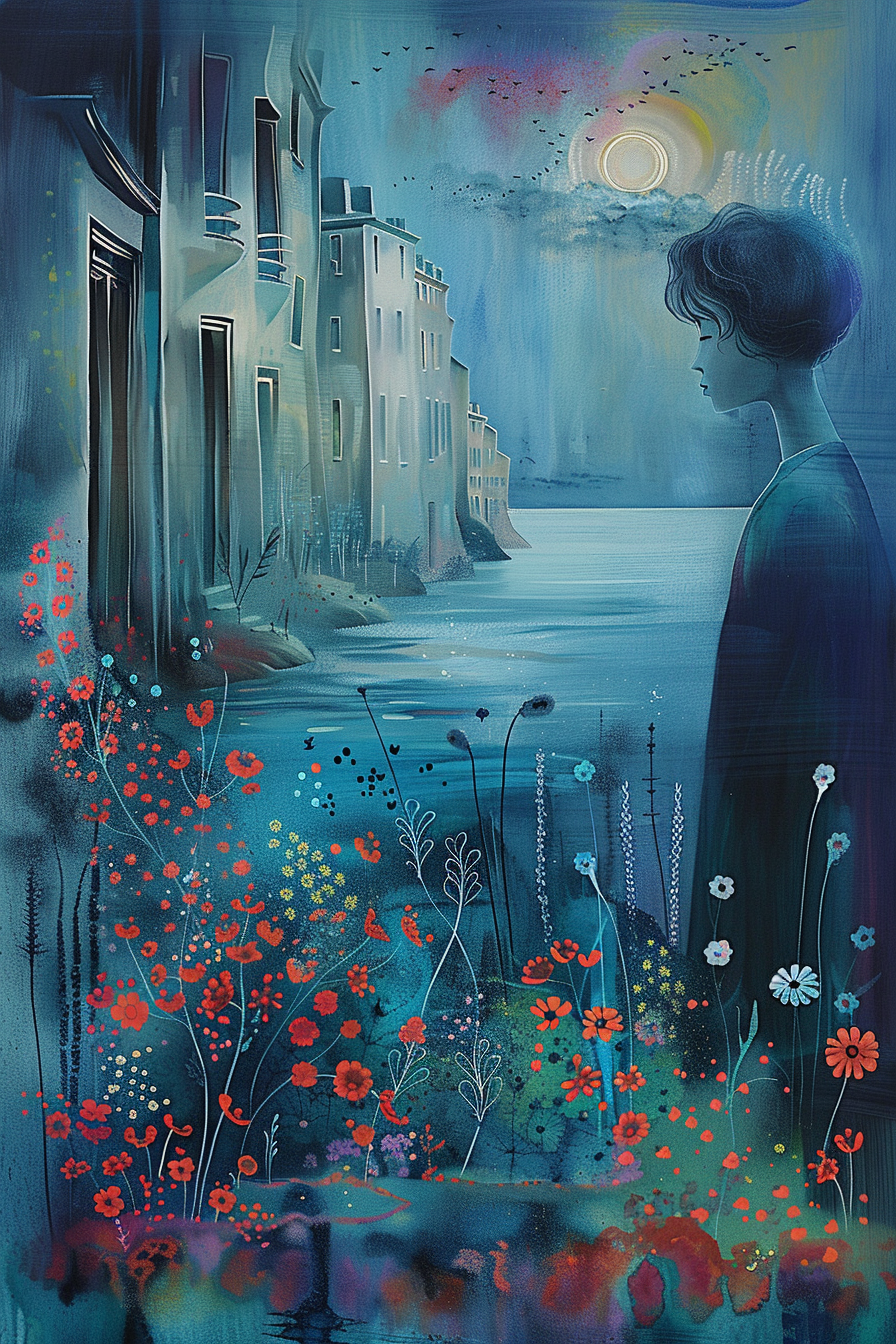 junge person blickt auf das meer mit stadtfassaden und blumen im vordergrund
