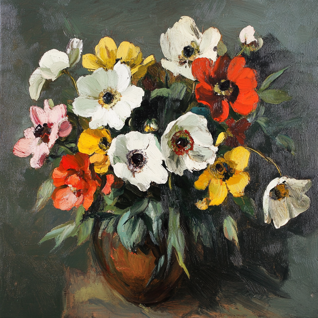 Gemaltes Stillleben mit bunten Anemonen in einem braunen Keramiktopf

