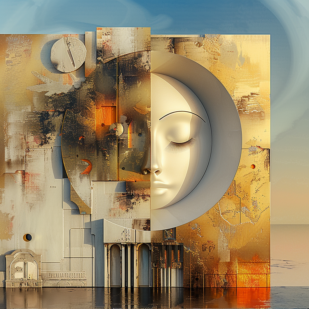 Abstraktes Kunstwerk mit goldener, halbverdeckter Gesichtsform, geometrischen Strukturen und texturierten Flächen in warmen Tönen.
