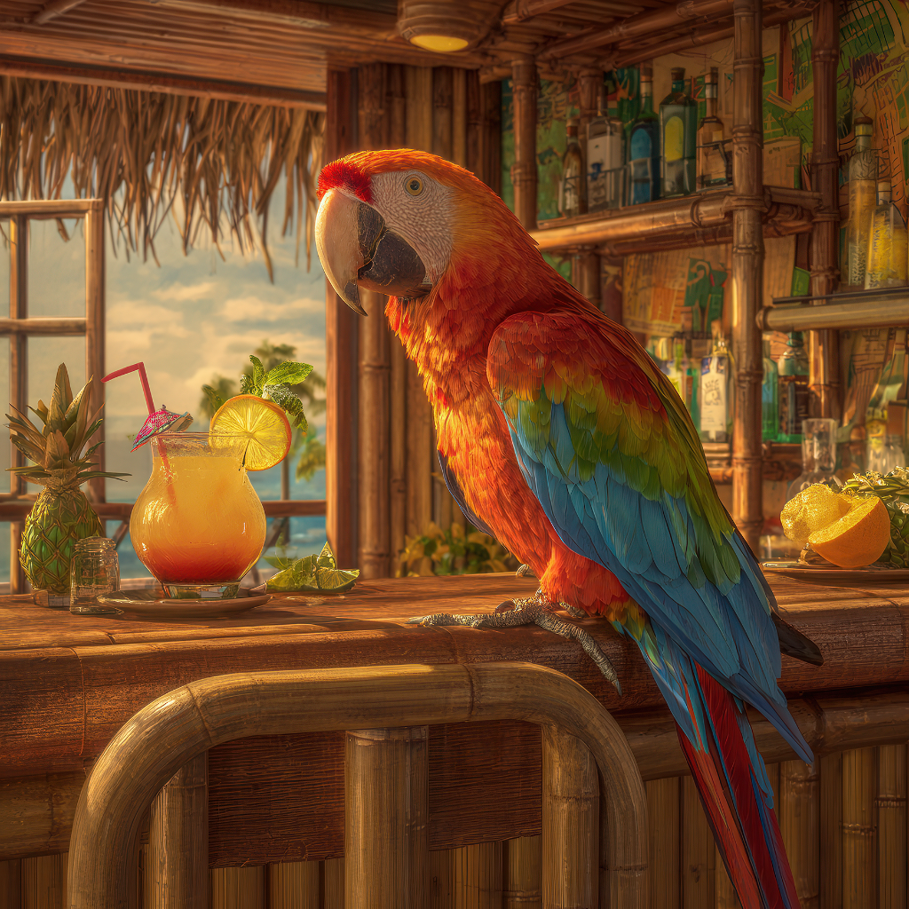 Farbenfroher Ara sitzt auf der Bambustheke einer tropischen Strandbar neben einem Cocktail.
