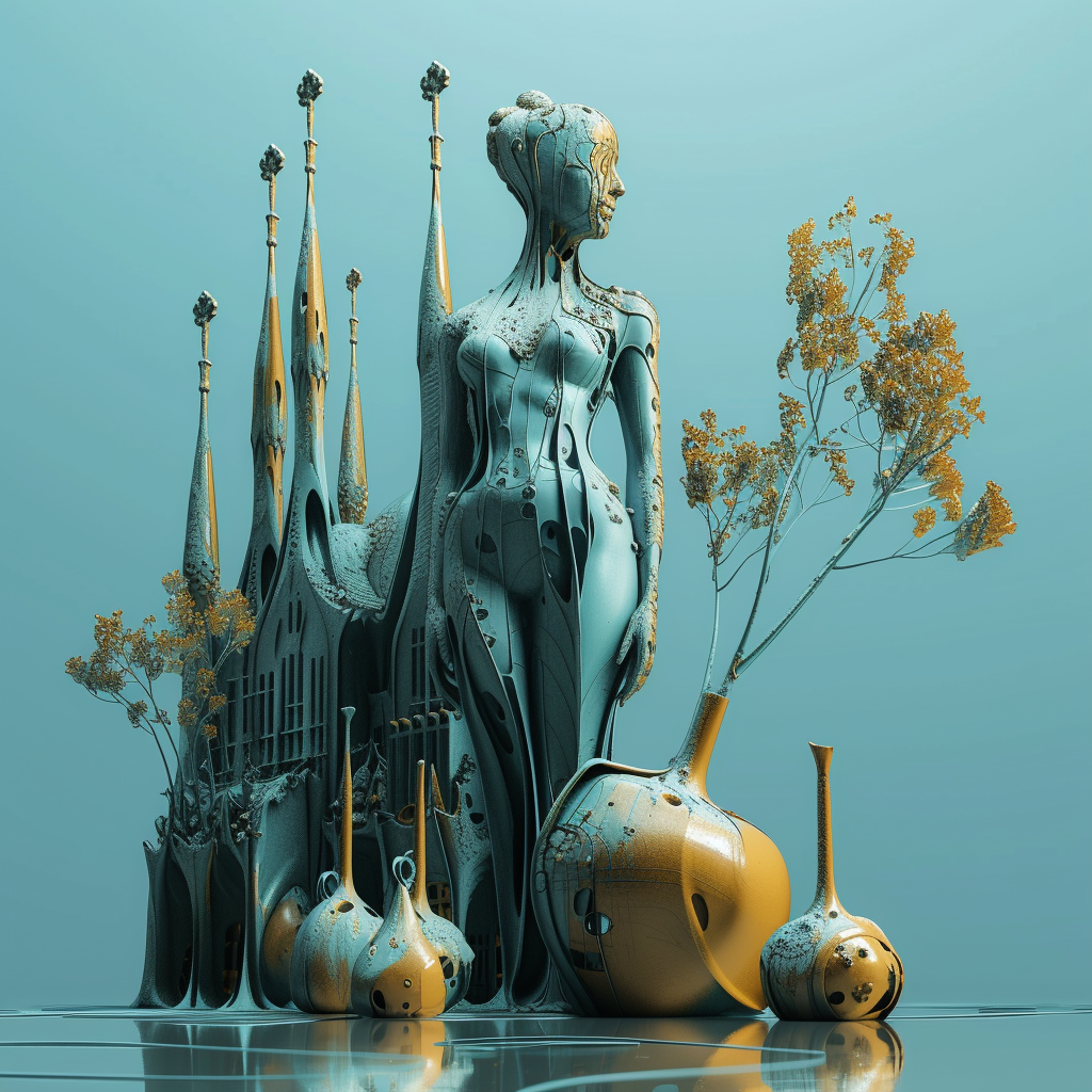 Futuristische Skulptur einer Frau, die mit architektonischen Formen und goldenen Akzenten verschmilzt. Mischung aus Kunst und Architektur.
