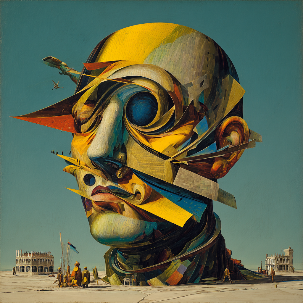 Surreale Skulptur eines monumentalen menschlichen Kopfes aus architektonischen Fragmenten und goldenen Flächen – eine Komposition aus Bewegung, Struktur und Traum.
