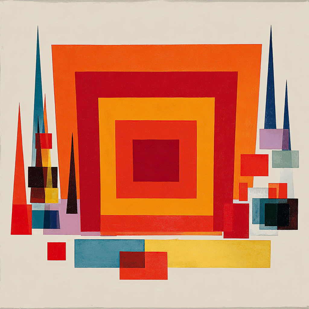 Abstraktes geometrisches Gemälde mit ineinandergreifenden Quadraten in Rot-, Orange- und Gelbtönen sowie spitzen, türkisblauen und violetten Formen auf beigem Hintergrund – eine Komposition aus Farbe, Struktur und Raum.
