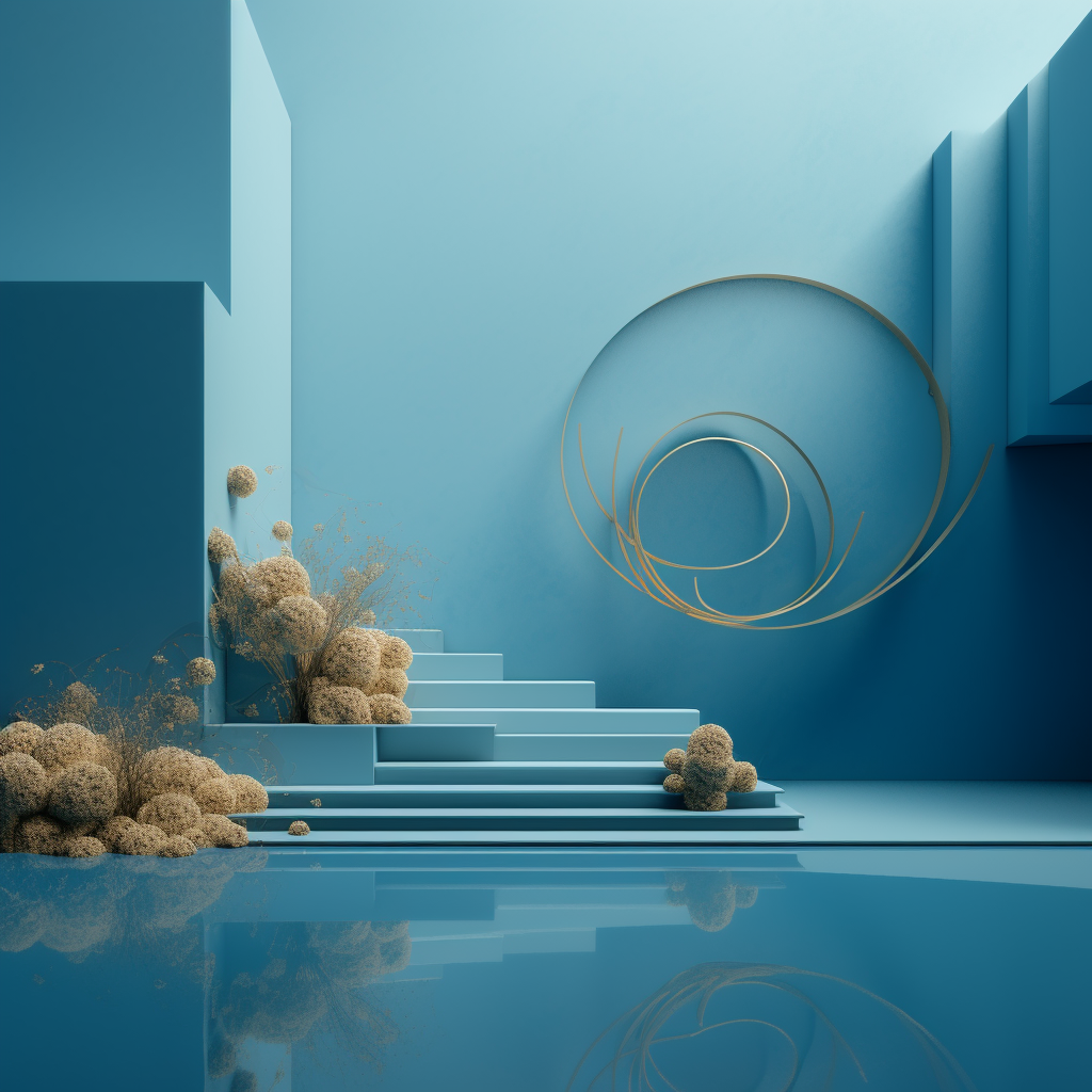 Minimalistische, surreal blaue Raumkomposition mit Treppen, goldenen Linien und zarten Pflanzen — eine visuelle Meditation über Raum, Balance und Stille.
