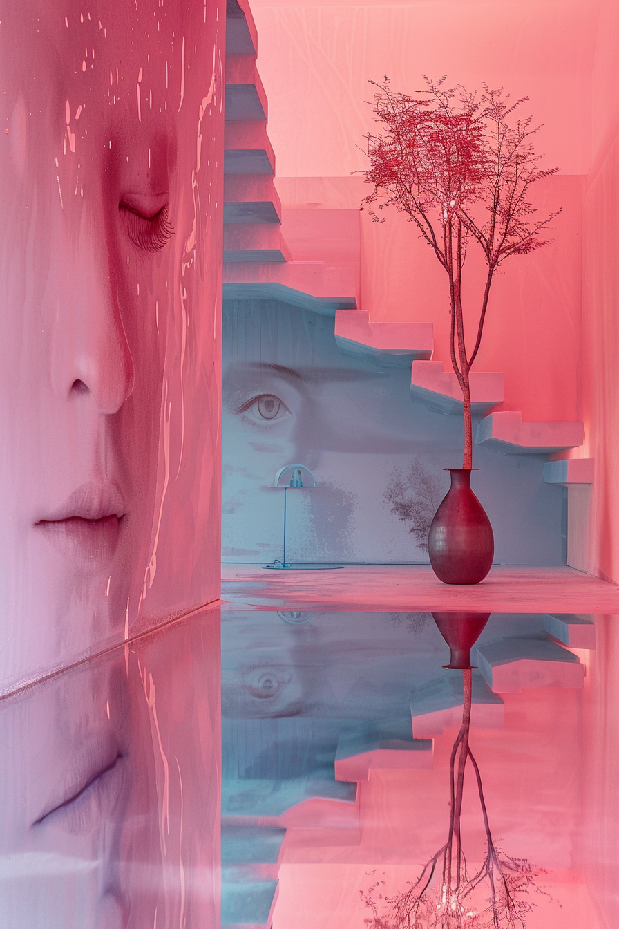 Surreale Raumszene in Rosa- und Blautönen: Eine große Wand mit einem ruhenden Gesicht, eine Treppe, die sich über mehrere Ebenen zieht, und eine Vase mit einem feinen Baum, der sich im glänzenden Boden spiegelt. Traumhafte Komposition aus Architektur, Spiegelung und Emotion.
