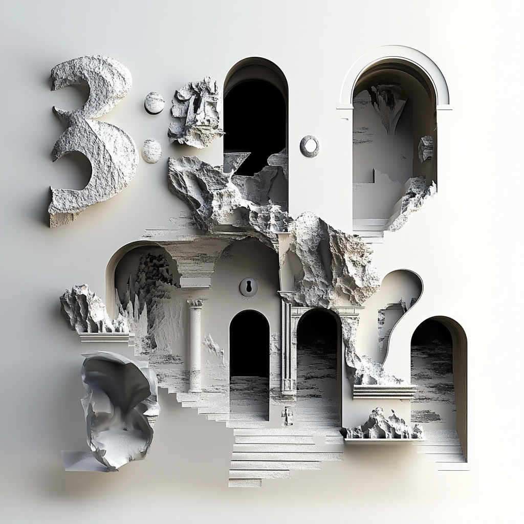 Skulpturale Wandstruktur mit Treppen, Bögen und eingravierten Zahlen – eine surrealistische Darstellung von Zeit, Raum und Erinnerung in Steinoptik.
