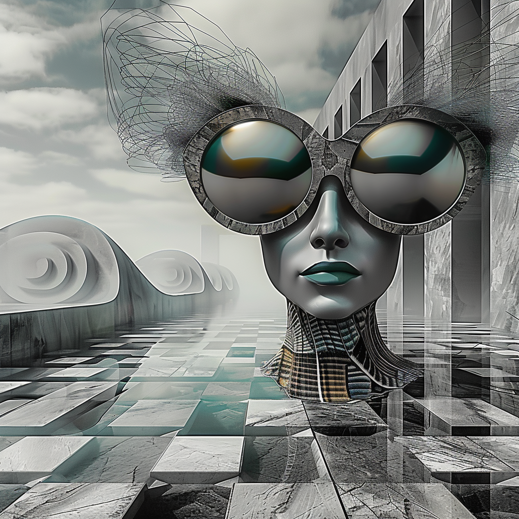 Surreale Darstellung eines Gesichts mit übergroßer, spiegelnder Sonnenbrille auf einem marmorgefliesten Platz, flankiert von modernen Gebäuden und Wellenstrukturen.
