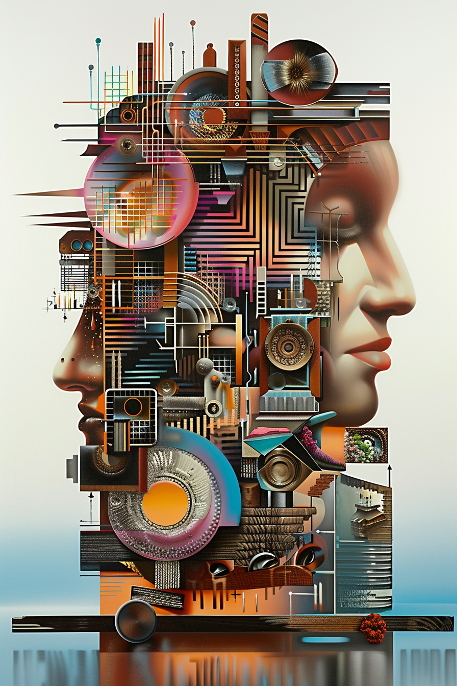 Abstraktes Porträt zweier Gesichter, verwoben mit geometrischen Formen, Linien und technischen Strukturen – symbolische Darstellung von Bewusstsein, Verbindung und Komplexität.
