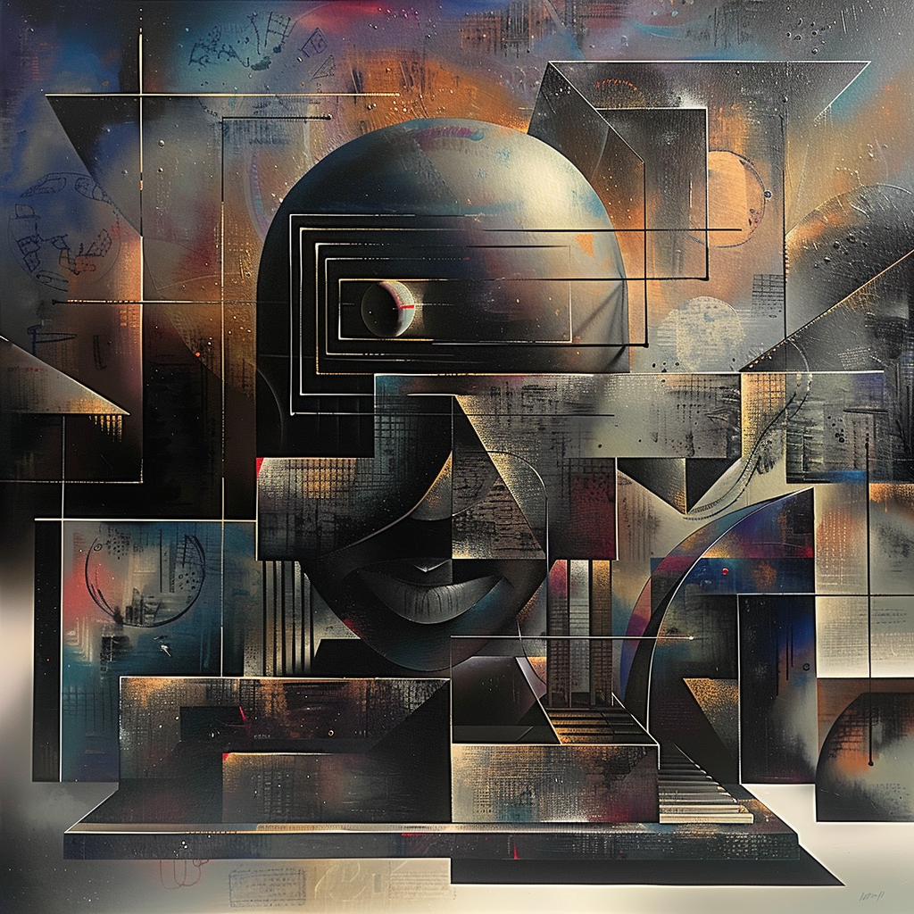 Abstraktes Gemälde mit geometrischen Formen, Linien und einem angedeuteten Gesicht in metallischen Farben vor kosmischem Hintergrund.
