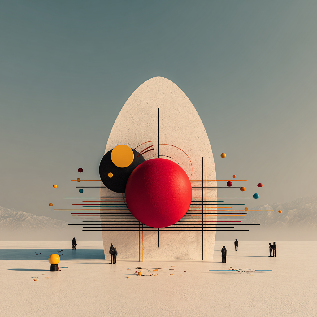 Abstrakte Landschaft mit geometrischer Skulptur aus farbigen Kugeln und Linien, die vor einem großen ovalen Monolithen steht – Symbol für Harmonie, Ordnung und Balance.
