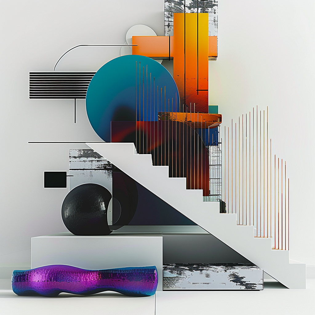 Abstrakte geometrische Komposition aus Formen, Linien und Farben mit skulpturaler Tiefe
