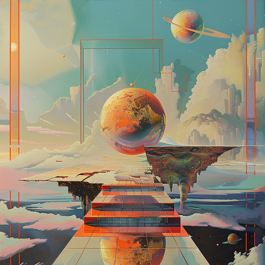 Futuristische Landschaft mit schwebenden Plattformen, Planeten und geometrischen Linien. Eine reflektierende Kugel schwebt über einer Treppe, während Saturn-artige Himmelskörper im Hintergrund leuchten – ein episches, traumhaftes Szenario.
