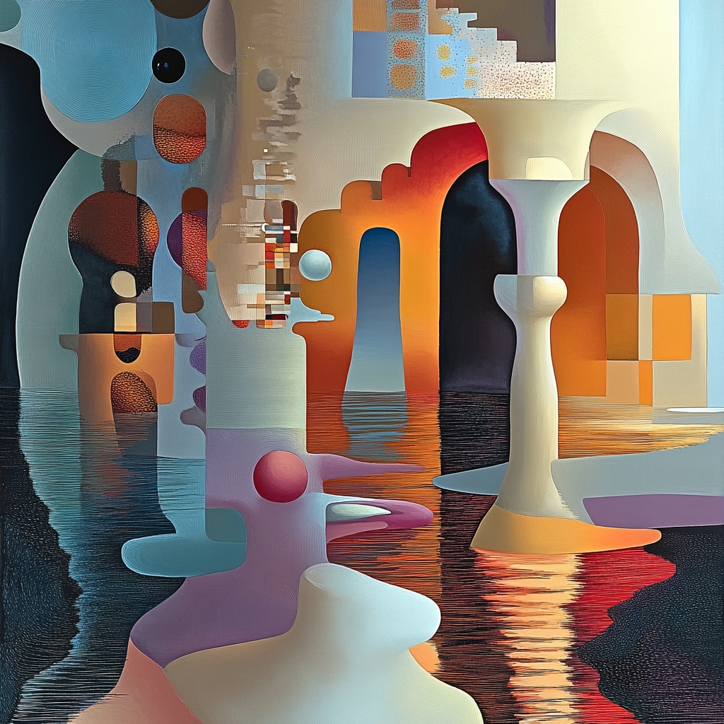 Abstrakte Komposition aus architektonischen Formen, Säulen und Bögen in warmen Farben – eine surreale Raumlandschaft, die sich im Wasser spiegelt.
