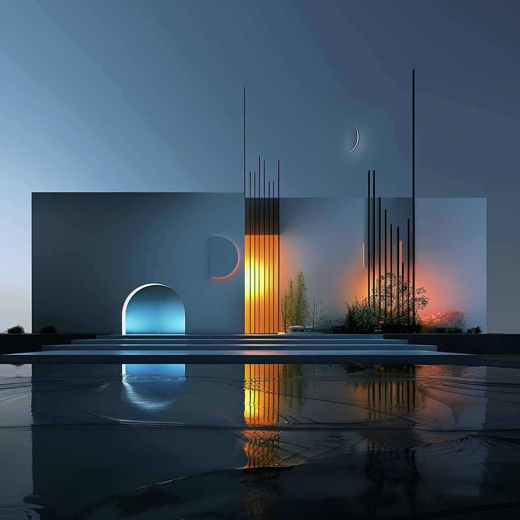 Moderne architektonische Komposition mit blauer und oranger Lichtstimmung, Spiegelung im Wasser und klarer geometrischer Form.

