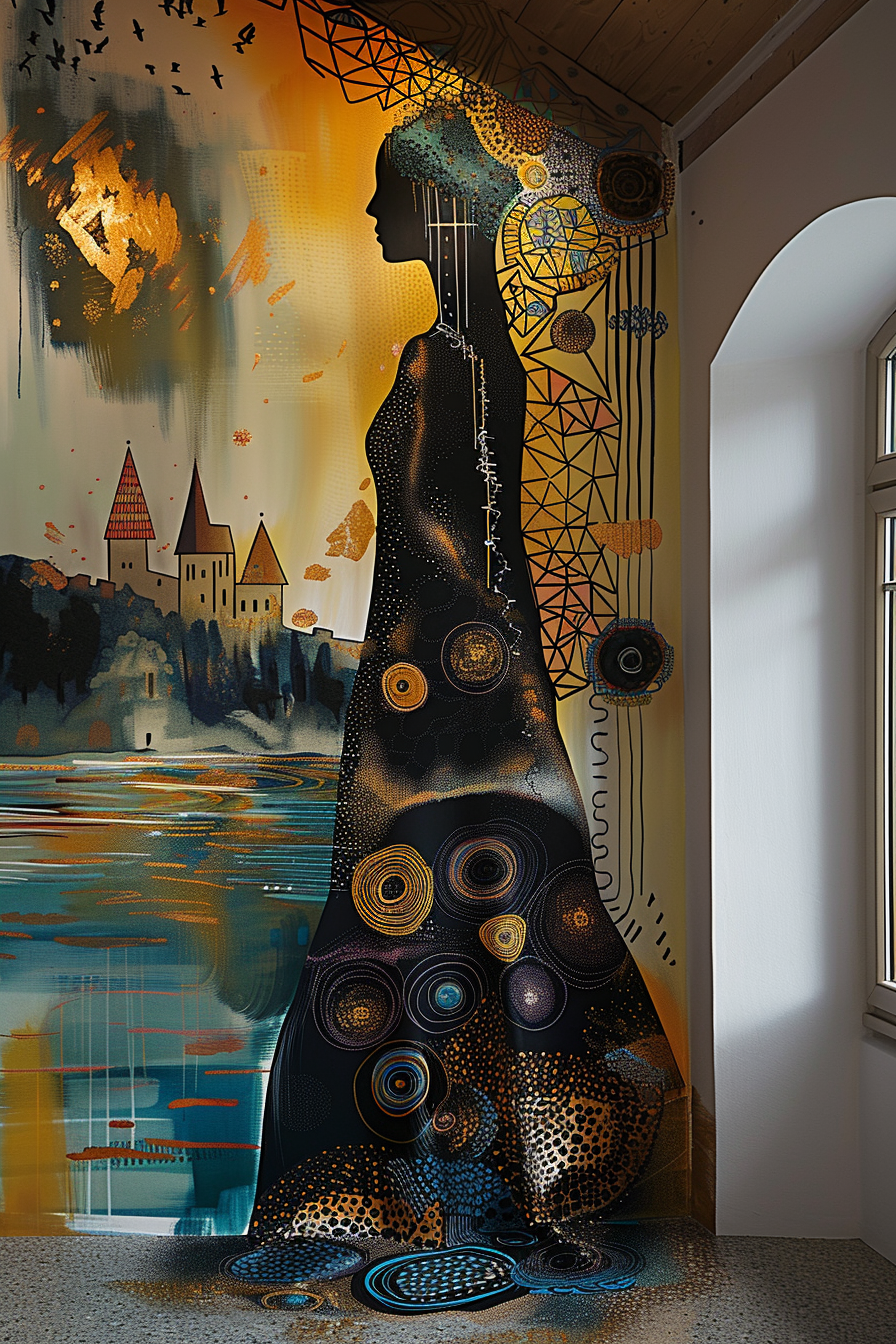 Ein Wandgemälde zeigt die Silhouette einer Frau mit geometrischen Mustern und goldenen Akzenten, vor einem Hintergrund aus Wasser, Gebäuden und warmen Farben.
